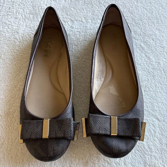Michael Kors Kiera Leather Signature Bow MK Logo Brown / GOLD Ballet Flats 7.5 - Picture 2 of 11